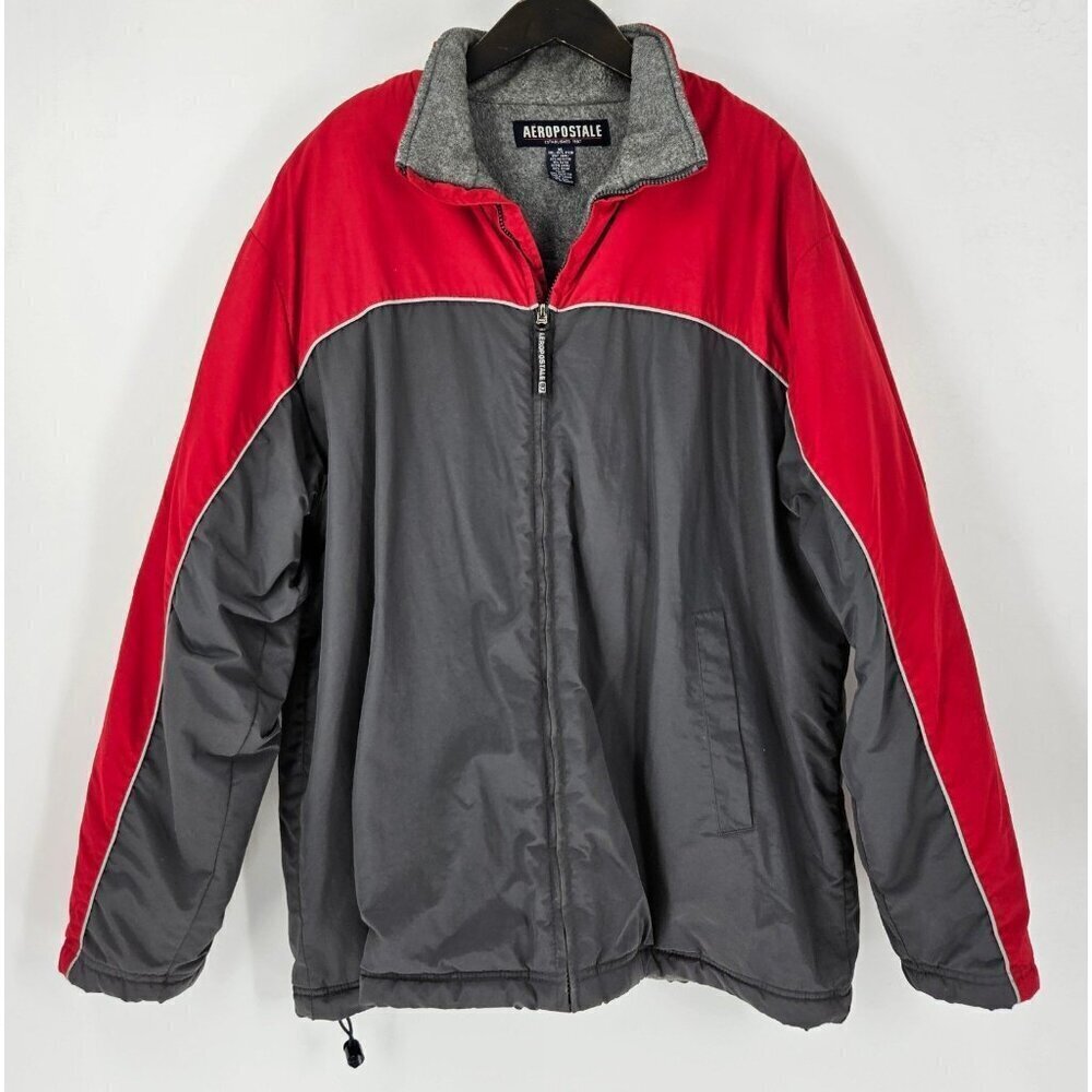 Aeropostale Mens Sz XL Grey Red Nylon Fleece Lined Jacket Zip Front Cinch Hem